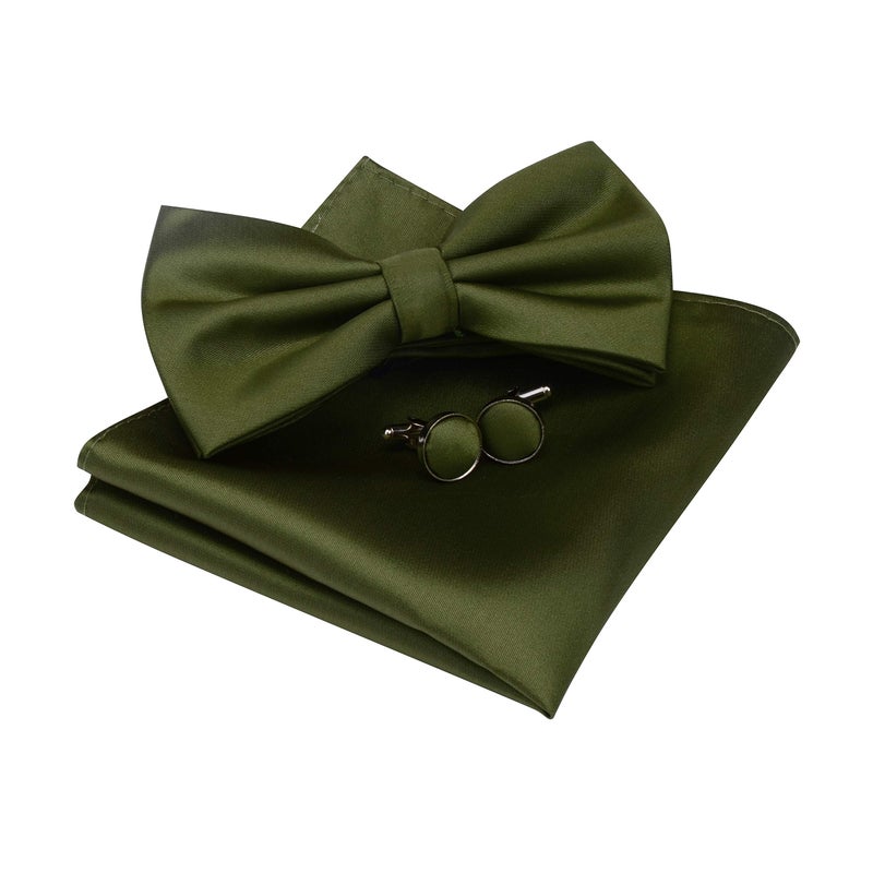 GUSLESON Mens Solid Olive Green Bow Tie Wedding Pre-tied Bowtie and Pocket Square Cufflink Set (0570-28) - Image 1
